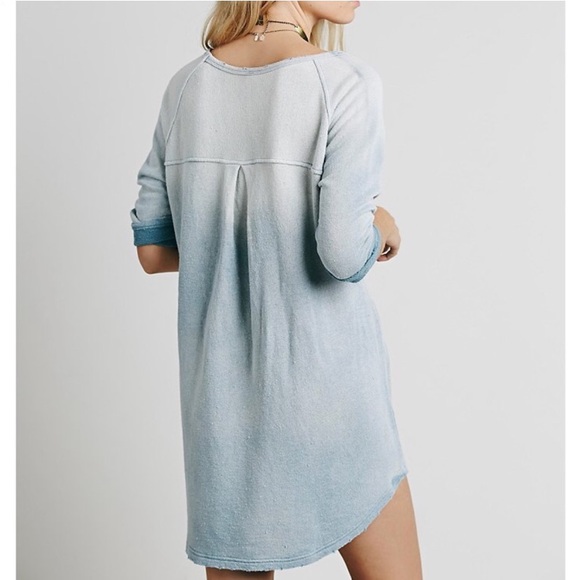 Free People Powder Blue Ombrè Fade Linen Blend Sweatshirt Mini Dress Tunic Top - Picture 5 of 9